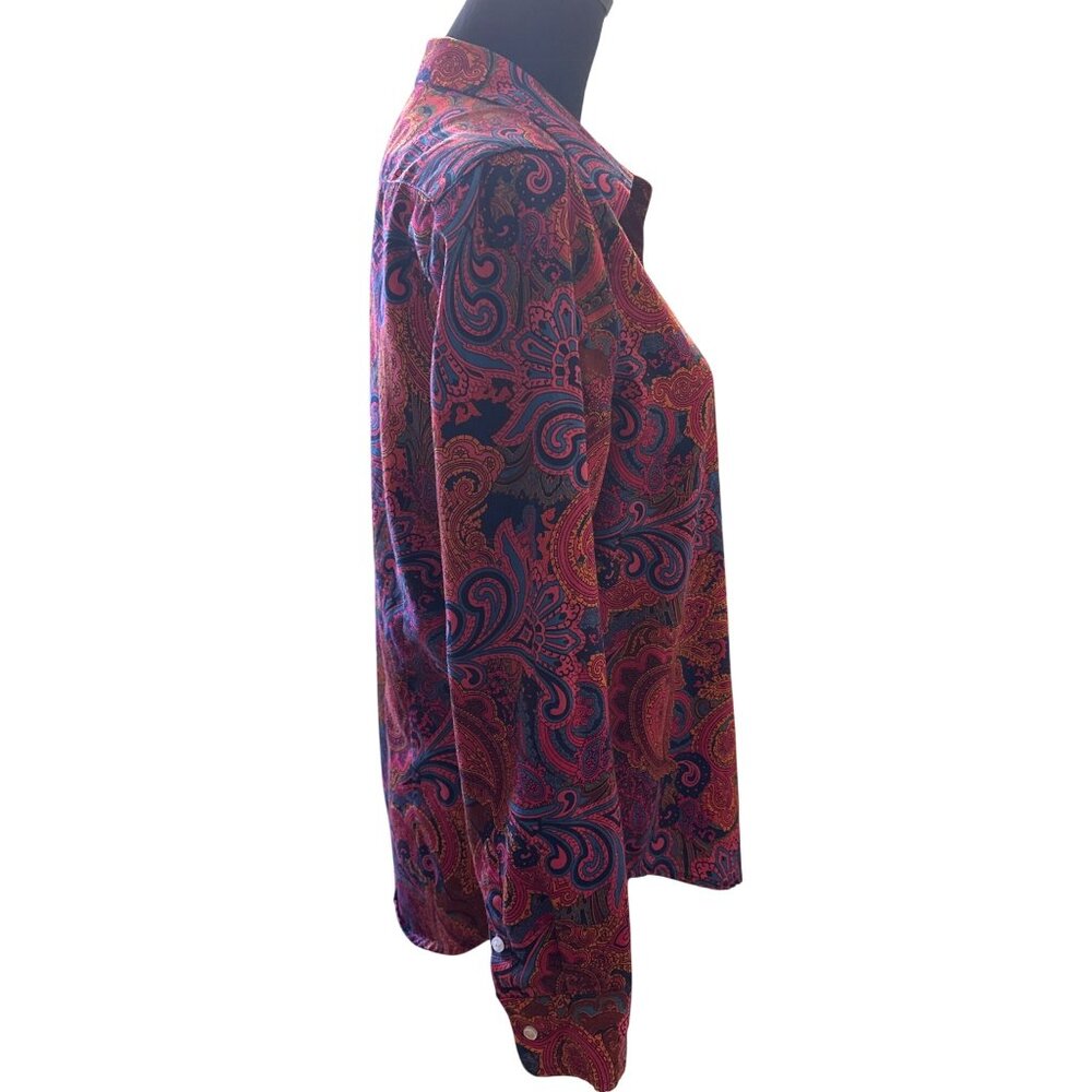 Vintage Paisley Button-Up Shirt With Vibrant Pink & Blue Design Long Sleeves Col - Picture 5 of 7